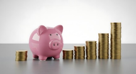 Pink Piggy Bank with Stacked Coins.