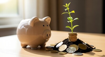 Piggy Bank and Coins with Growing Plant.