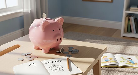 Pink Piggy Bank on Desk with Stationery.