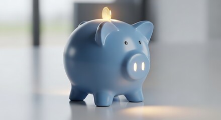 Blue Piggy Bank with Coin Inserted.