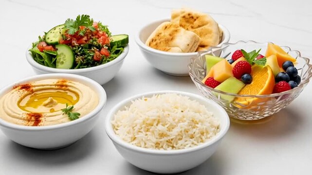 Delicious Middle Eastern food spread with hummus, salad, rice, pita bread, and fresh fruit
