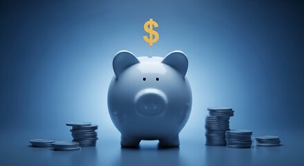 Piggy Bank with Coins and Dollar Sign.