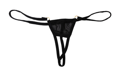 Women's sexy black thong panties on a white background. 