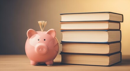 Pink Piggy Bank with Books on Table.