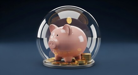 Piggy Bank in Glass Container with Coins.