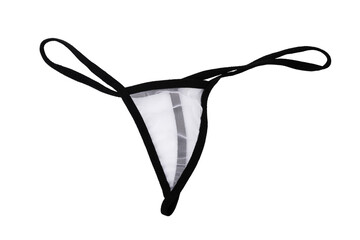 Sexy white mesh thong with black trim on isolated white background.