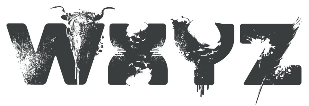 A vector font for word-images with bull and human scull, streaks, and scratches. Letters W, X, Y, and Z. The theme is horror, grunge, and urban. It creates a sense of madness, post-apocalypse, and und