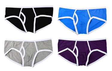 A set of men's briefs in different colors with white edging on a white background.