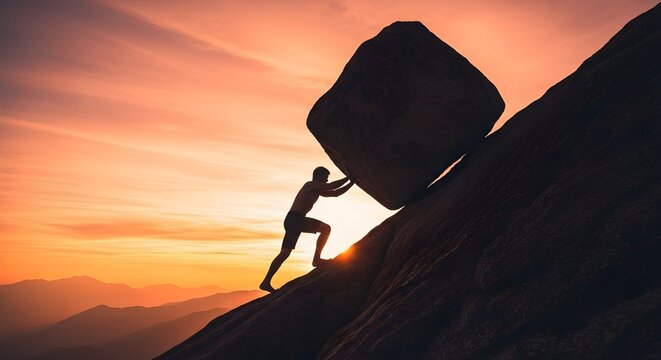 Determined individual pushes a colossal boulder up a steep mountain at sunset, embodying unwavering perseverance and immense strength to achieve triumph