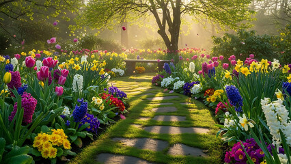 Fototapeta premium Magical garden path with stepping stones surrounded by abundant colorful tulips hyacinths and daffodils in soft morning light