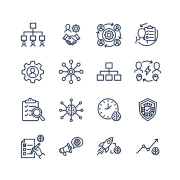 Minimalist monoline icons for agent-based task delegation and AI orchestration workflows featuring autonomous execution paths and resource allocation networks for enterprise automation