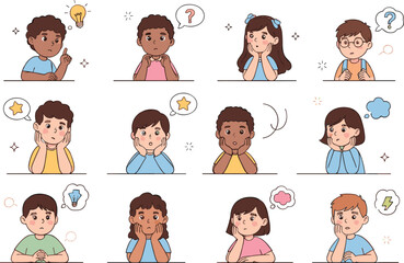 Diverse Kids Thinking and Problem Solving Illustration Set with Thought Bubbles Ideas and Curious Expressions for Educational Apps School Lessons and Creative Brainstorming Projects