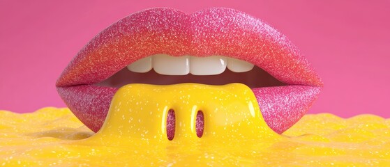 Glossy Pink Lips Tasting Melting Yellow Sauce Over Sweet Liquid Surface Closeup