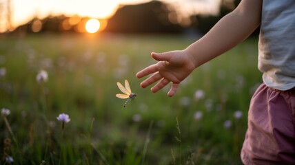 child's small hand gently reaching toward a single glowing firefly