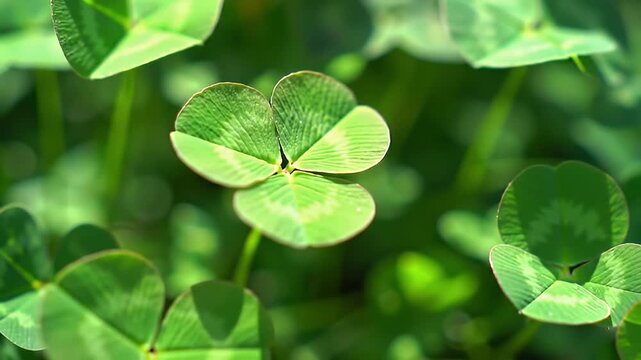 Lush green four-leaf clover stands out amidst a field of clovers, bathed in sunlight