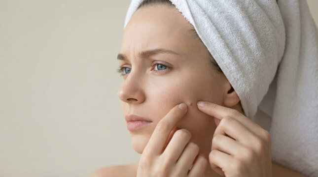 A concerned female woman with a white towel on her head prepares to squeeze a pimple for acne treatment.