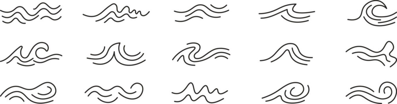 Water wave vector set. Water wave line icon set. Hand drawn water design elements. lowing river water and sea wave marks icons. Wave illustration sign