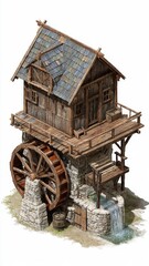 Obraz premium Old Water Mill Diorama Scene with Wooden Wheel and Stream