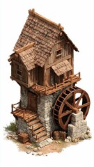 Obraz premium Old Water Mill Diorama Scene with Wooden Wheel and Stream
