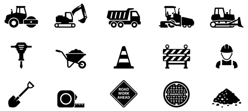 Road construction icons set. Road Construction Icons. Road Construction. Solid icon set of Road construction. Vector Illustration.