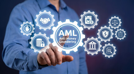 A professional manages a gear system for anti money laundering and regulation to prevent fraud and secure money.
