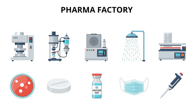 Illustration of various pharmaceutical factory equipment and supplies
