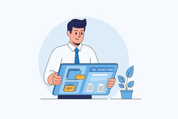 Man Holding Digital Tablet with Online Tax Filing Form Application - Flat Vector Illustration