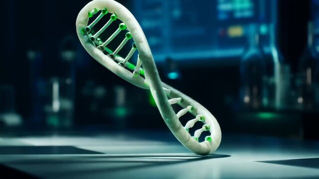A detailed 3D model of a DNA double helix resting on a laboratory table, featuring vibrant green accents and intricate structural details set against a moody
