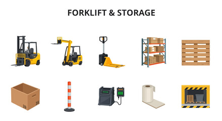 Warehouse equipment and storage items illustrated in yellow black and brown © Faisal