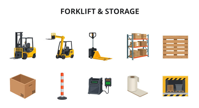 Warehouse equipment and storage items illustrated in yellow black and brown