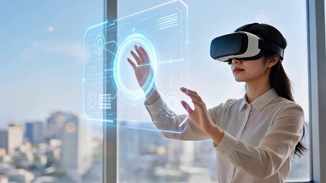 Woman using VR headset in office