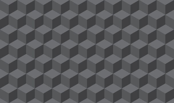 Seamless Gray Isometric Cube Pattern, 3D Optical Illusion Geometric Background, Modern Dark Monochrome Hexagonal Cubes Texture 
