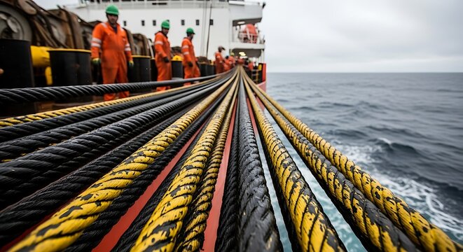 Cable layer ship with many cables stretched across the deck and a small crew working. Subsea power cable installation on a vessel at sea.