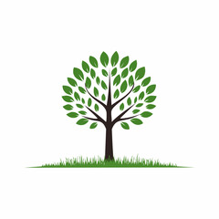 Obraz premium Simple green tree icon with leaves on grass.