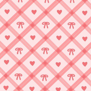 Valentine seamless pattern with pink plaid lattice, heart and bows on soft pastel background for wrapping paper and textile design.