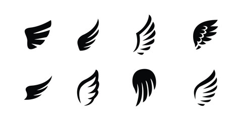 Obraz premium Abstract Wing Silhouette Icon Set, Minimal Angel and Bird Wings Collection, Flying Feather Shapes for Logo, Tattoo, and Symbol Design