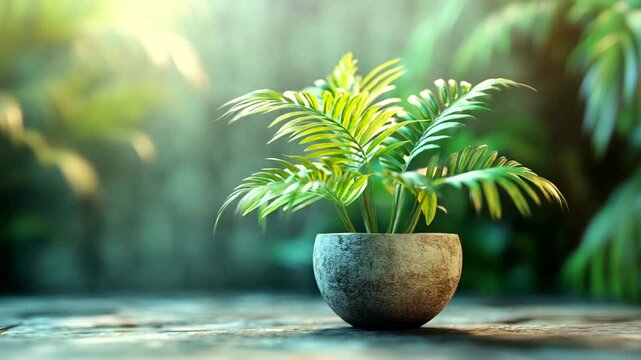 Potted Palm Tree in Serene Environment.