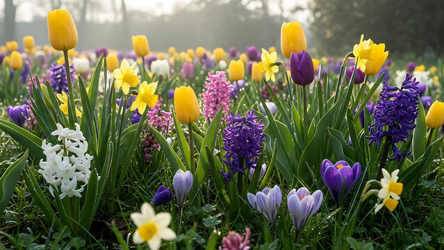 Abundant garden bed closeup showcasing diverse array of colorful spring bulb flowers including yellow tulips purple hyacinths white crocuses and bright yellow daffodils morning light