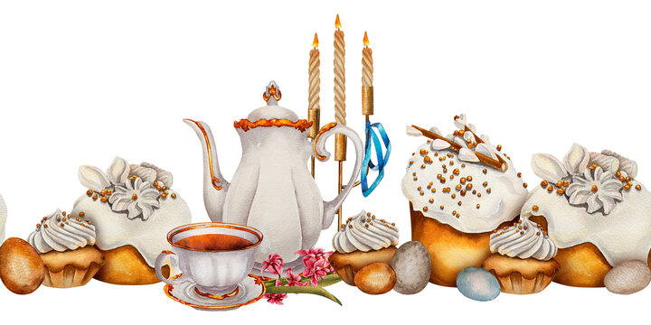 Watercolor seamless Easter border with traditional cakes teapot tea cup candles eggs pussy willow and hyacinth flowers. Illustration for Christian and Catholic Easter design packaging festive decor