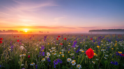 Naklejka premium Breathtaking sunrise over a misty wildflower meadow filled with red poppies bluebells and white daisies creating soft light