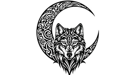 Fototapeta premium Tribal Wolf Head with Crescent Moon Tattoo Design