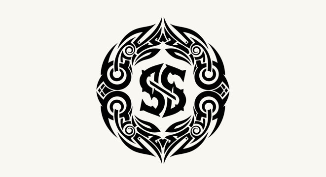 Tribal Tattoo Style Emblem with Initials SSS on White Background