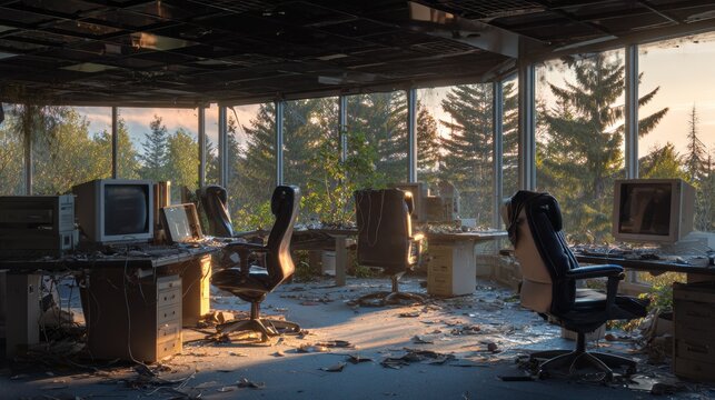 Dilapidated office space with decaying desks, old monitors, and vibrant trees seen through broken windows