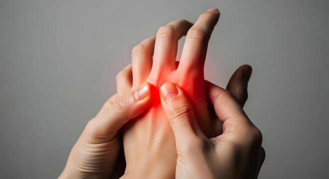 Person massaging painful hand with red inflammation highlight massage