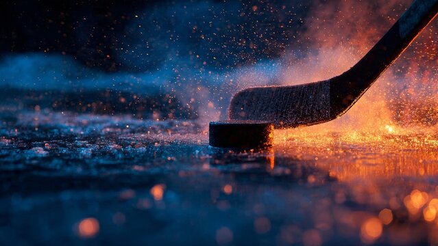 Hockey Stick Strikes Puck Amidst Icy Arena Lights


