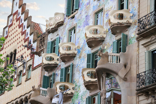 Casa Batllo unique architecture seen on a street in Barcelona Spain.