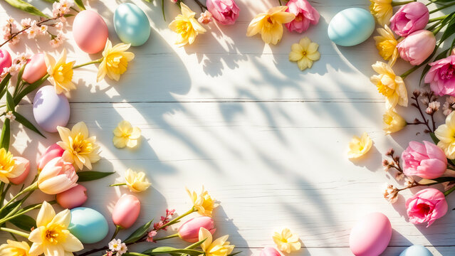 Osterhintergrund mit pastellfarbenen Eiern und Fr&uuml;hlingsblumen auf wei&szlig;em Holztisch, Flatlay mit Kopierraum