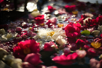 色とりどりの花を浮かべた花手水