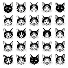 Fototapeta premium A collection of various cat faces in a grid pattern, each with unique expressions and orientations.