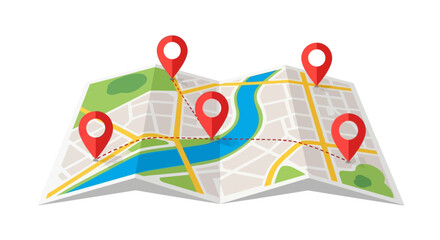 Folded Paper Map with Red Location Pins Marking Destinations on City Streets and River © Kumara